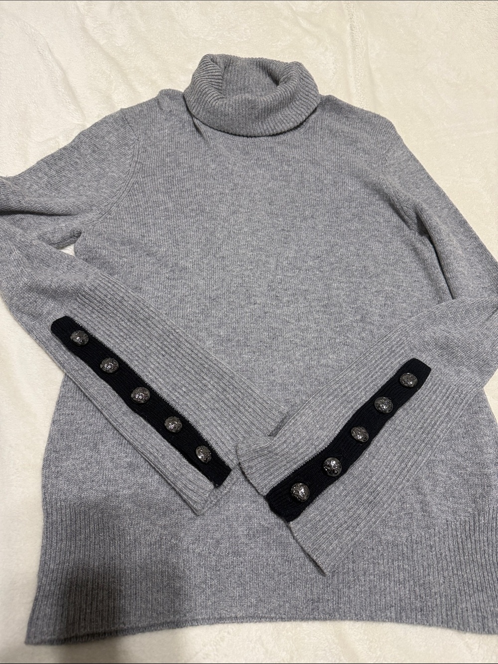 Ramy Brook Gray Turtleneck Sweater with Black Trim and Button Detail